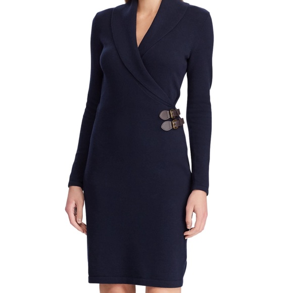 Chaps Dresses & Skirts - Women's Chaps Shawl Collar Faux-Wrap Sweater Dress. Navy long sleeve.